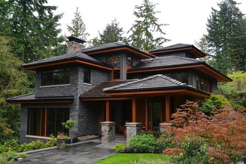 Newly built residence, part of a contemporary home series, with unique roofing.