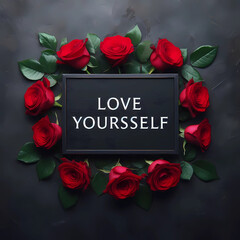 The image features a dark, textured background with a black rectangular board at its center, displaying the words "LOVE YOURSELF" in simple, white capital letters.