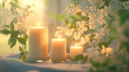 Peaceful spa environment with glowing candles, fragrant oils, and fresh flowers, ideal for beauty and relaxation promotions