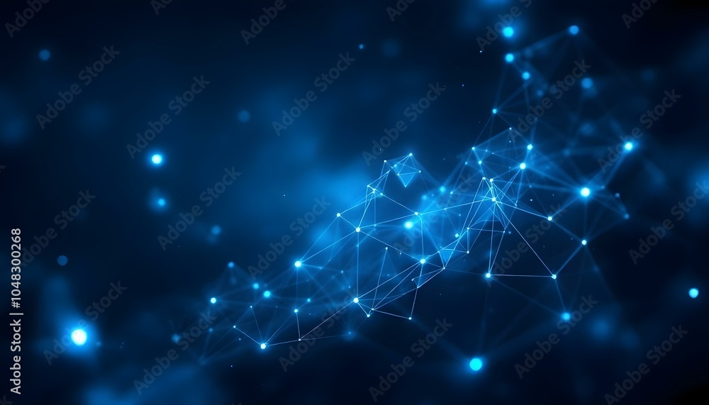 Poster Abstract blue background with connecting dots and lines. Plexus effect. Abstract science geometrical network background, Abstract digital background. Science background. 3D rendering. 
