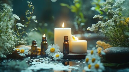 Tranquil spa scene with candles, essential oils, and delicate flowers, ideal for promoting relaxation and wellness services
