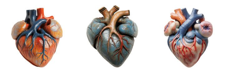 Colorful anatomical heart model showcasing internal structures on a transparent background

