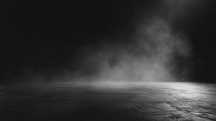 A dark space enveloped in mist creates a haunting atmosphere, with textured concrete flooring and soft, cold lighting enhancing the mysterious vibe. Ideal for artistic expression or product showcases.