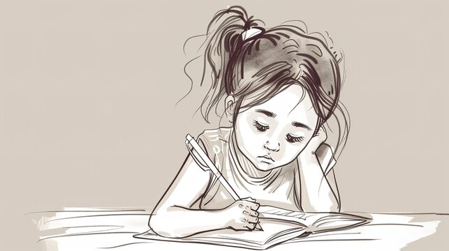 Little Girl Doing Homework - a heartwarming and relatable scene. The focused expression and cozy setting highlight the joys of learning.