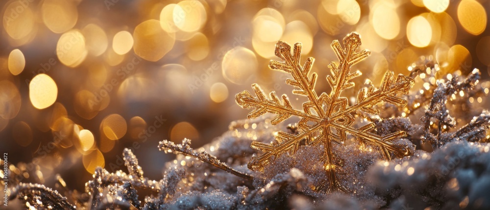 Poster intricate frosty snowflake on sparkling snow with warm golden bokeh in the background, capturing the