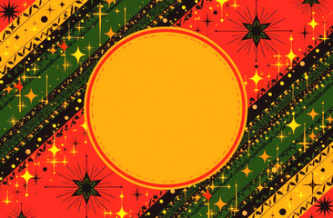 Vibrant Kwanzaa background featuring a large yellow circle, surrounded by dynamic patterns in red, green, and black with sparkling stars and decorative symbols. Celebrates unity and culture