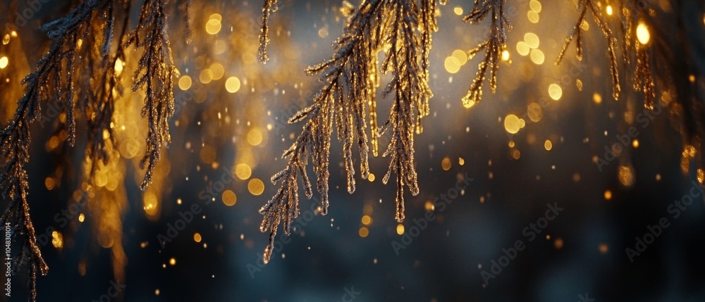 Poster glowing golden droplets on delicate branches, capturing the enchantment of nature with sparkling lig
