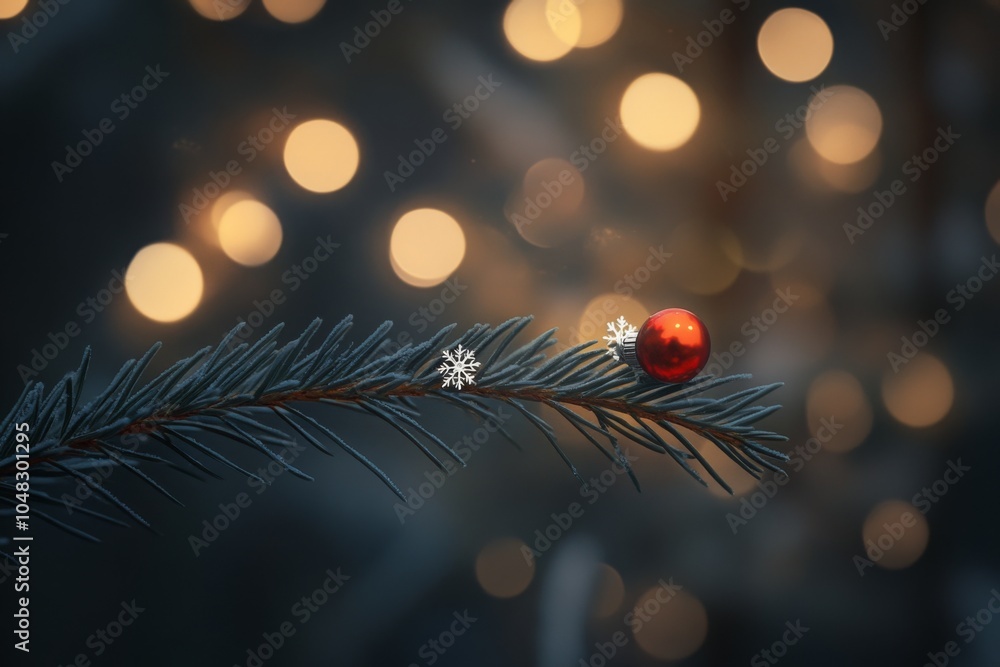 Poster close-up of a christmas tree branch adorned with a red ornament and delicate snowflakes, set against