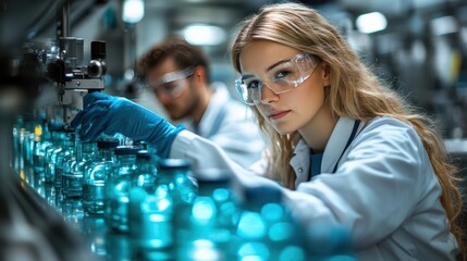 A team of professional working on a cutting-edge battery storage system in a high-tech laboratory.