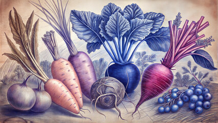 Vintage botanical illustration of root vegetables in pastel hues.