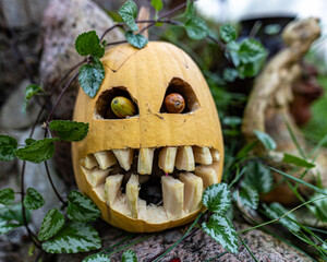 Halloween pumpkin head, carved pumpkin for Halloween, trick or treat, holiday celebration attribute