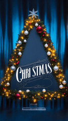 Merry Christmas card with tree-shaped frame adorned with silver ball ornaments, shimmering lights and star topper, on a shiny blue background, creating a festive atmosphere 