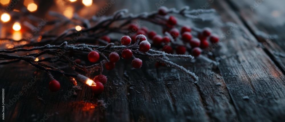 Poster frosted red berries on rustic wooden surface with warm glowing lights in the background, creating a 
