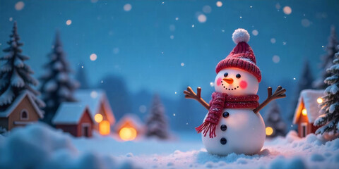 Christmas snowman in the snowy winter background_