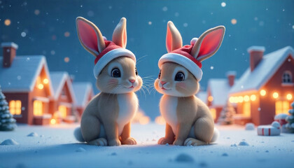 Merry Christmas mini cute rabbits wear xmas hat