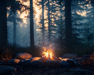 Cozy Campfire Surrounded by Tall Trees in Peaceful Forest Landscape