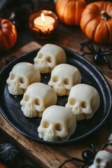 Skeleton-themed Treats Displayed on a Rustic Tray Surrounded by Pumpkins and Candles for a Festive Halloween Gathering