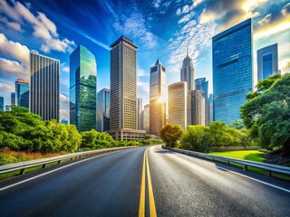 Obraz premium Urban Exploration: Asphalt Road Meets Modern City Skyline Under a Clear Blue Sky