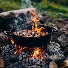 Campfire Cooking in the Wilderness Dutch Oven Meal Symbolizing Outdoor Tradition and Self Sufficiency
