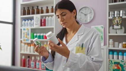 A young hispanic brunette woman in a white coat, examining medication bottles in a pharmacy with shelves full of products in the background.