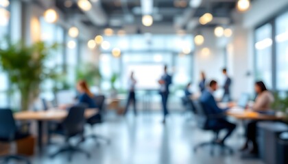 Abstract blurred interior modern office space with business people working banner background. abstract blurred background with a businessman working in a modern office space.