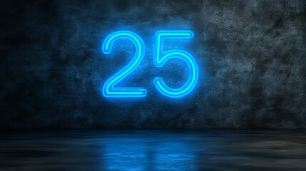 Number 25, Neon Sign on Concrete Wall. Blue Neon Light Glowing in Dark Room. 3D Render.