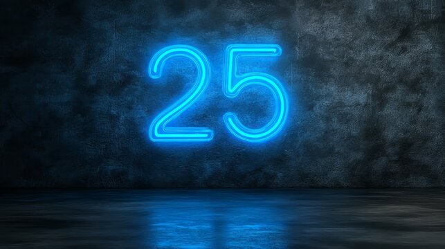 Number 25, Neon Sign on Concrete Wall. Blue Neon Light Glowing in Dark Room. 3D Render.