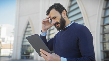 Fototapeta premium A pensive bearded man in a sweater uses a tablet on a sunny city street, embodying urban modern adult life.