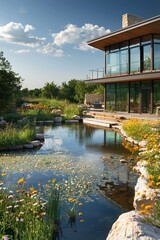 Obraz premium Natural suburban hideaway with a swimming pond and wildflower meadows.