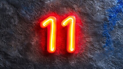 Number Eleven, Vibrant Red Neon Sign Depicting Number 11 on Textured Concrete Wall, 3D Illustration.