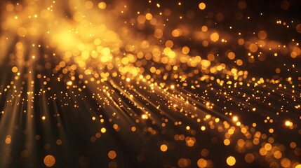 Golden light beams with floating particles in dark space. Premium effects and stage design marketing