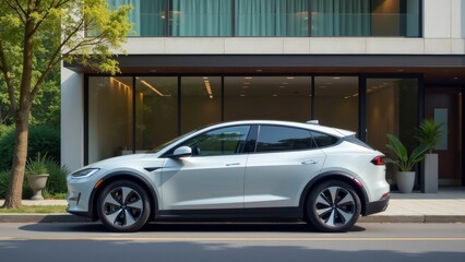 Fototapeta premium Stylish Electric Vehicle Parked Outside a Contemporary Office: A Symbol of Sustainable Commuting