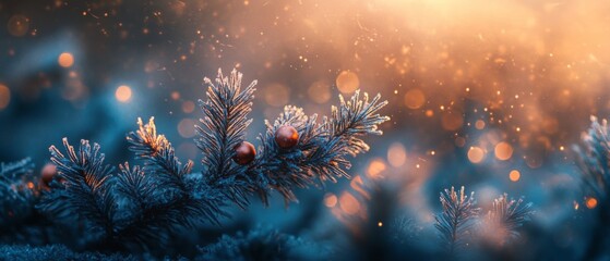 Enchanting Frosty Evergreen in Winter Wonderland with Glimmering Snowflakes and Warm Golden Light, Creating a Magical Holiday Atmosphere