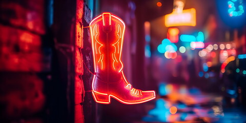 Neon cowboy boot sign with city lights bokeh. Western bar and urban nightlife marketing