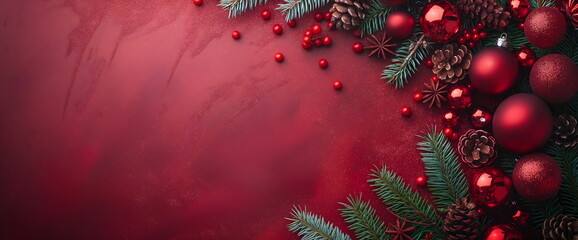 Christmas ornaments and pine branches frame on red background. Holiday decorations and seasonal design marketing