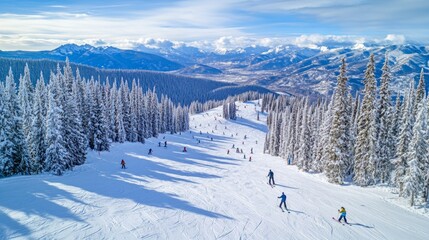 Fototapeta premium aerial shot of skiing and snowboarding on a snowy mountain 