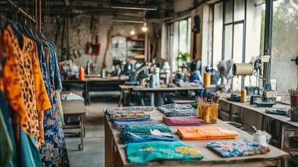 Obraz premium A table in a textile workshop with colorful fabric samples laid out.