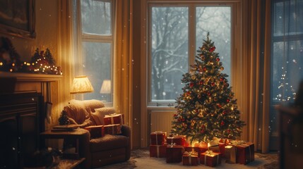 Christmas tree in a cozy interior with presents under it
