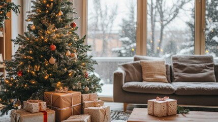 Christmas tree in a cozy interior with presents under it