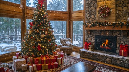 Christmas tree in a cozy interior with presents under it