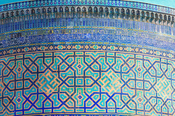Samarkand, Uzbekistan - October. 10. 2024: Ancient patterns of the madrasah on Registan Square