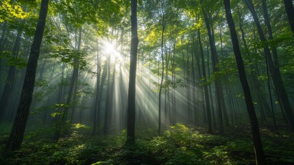 Obraz premium Morning mist rising from a forest canopy, shafts of sunlight piercing through the trees