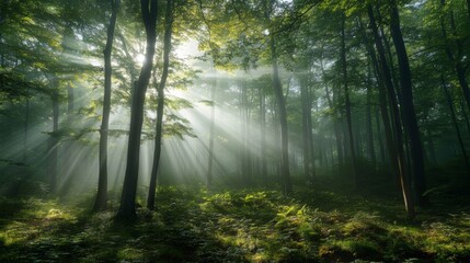 Obraz premium Morning mist rising from a forest canopy, shafts of sunlight piercing through the trees