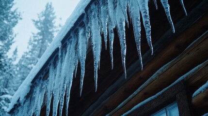 Icicles hanging from the edge of the cabin's roof