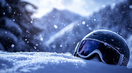 Skiing goggles and helmet left on a snowy hill, mountain backshot, falling snow, close-up shot