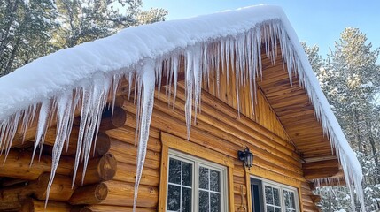 Icicles hanging from the edge of the cabin's roof