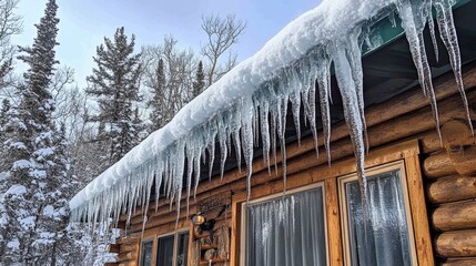 Icicles hanging from the edge of the cabin's roof