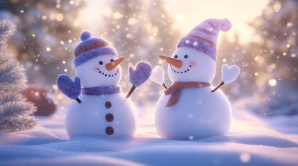 Happy snowmen with carrot noses, stick hands with warm gloves on them, and warm hats sitting on a snowy ground