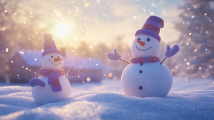 Happy snowmen with carrot noses, stick hands with warm gloves on them, and warm hats sitting on a snowy ground
