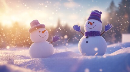 Happy snowmen with carrot noses, stick hands with warm gloves on them, and warm hats sitting on a snowy ground